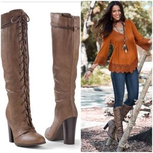 Taupe lace up knee high boots